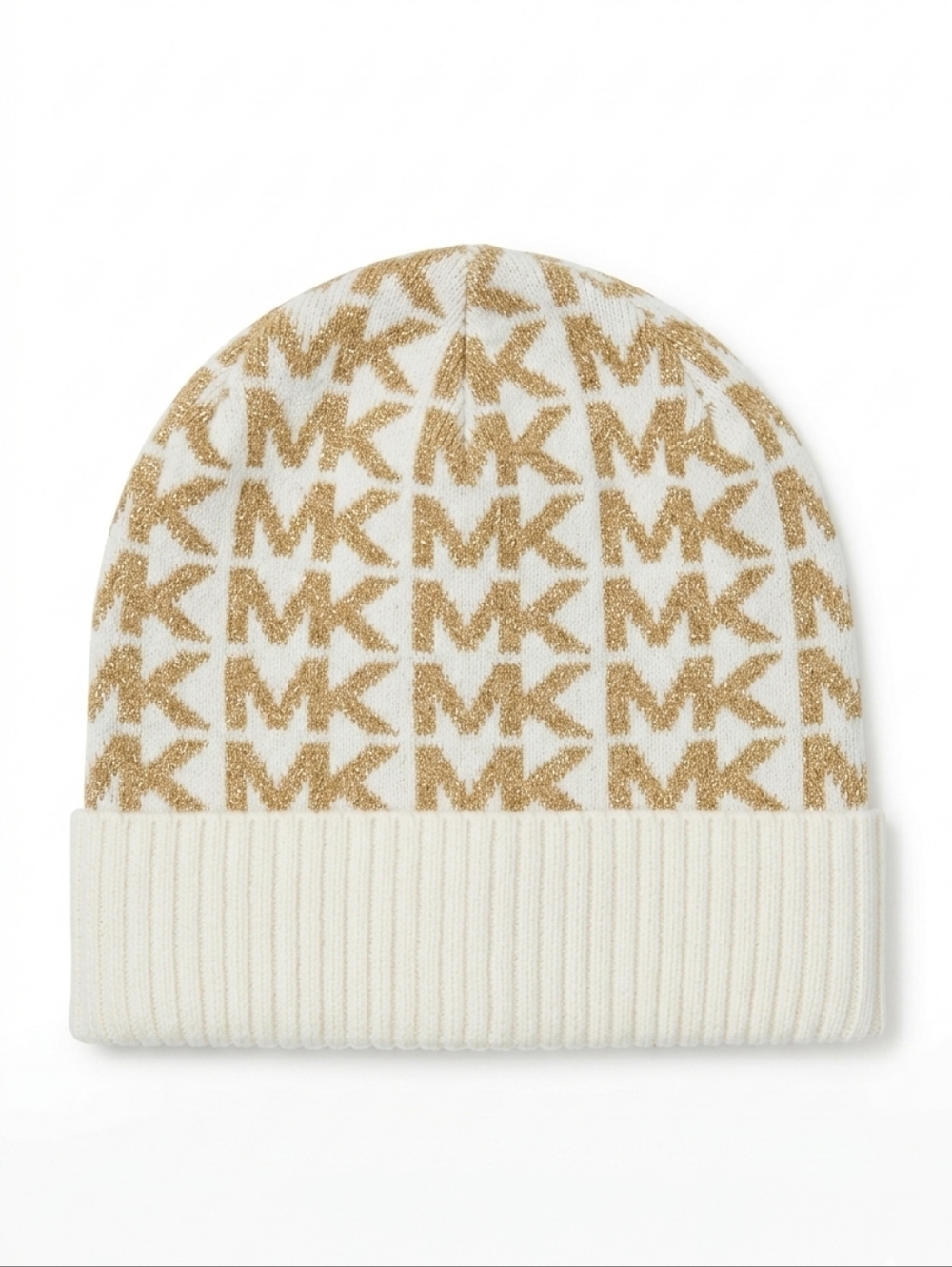 Michael Kors Metallic Gold Monogram Cuffed Beanie Hat – Cream/Gold